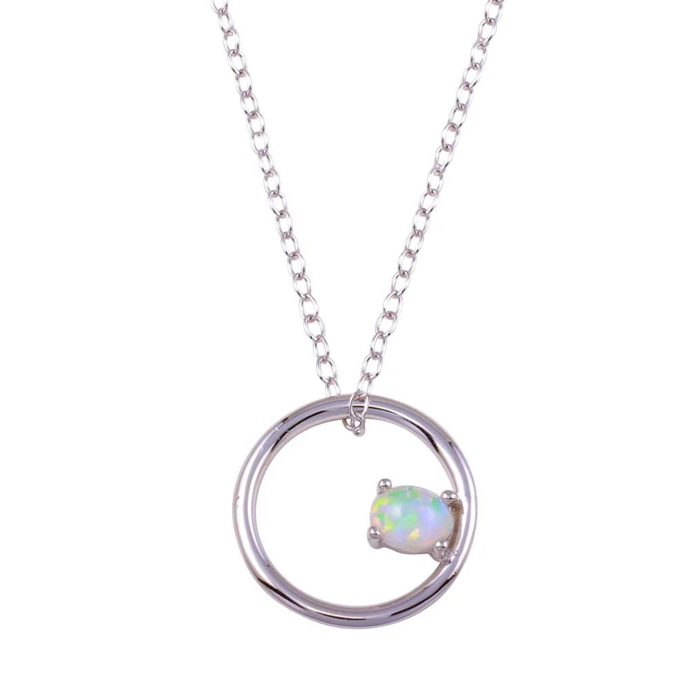 925 Sterling Silver Rhodium Plated Open Circle Synthetic Opal Necklace