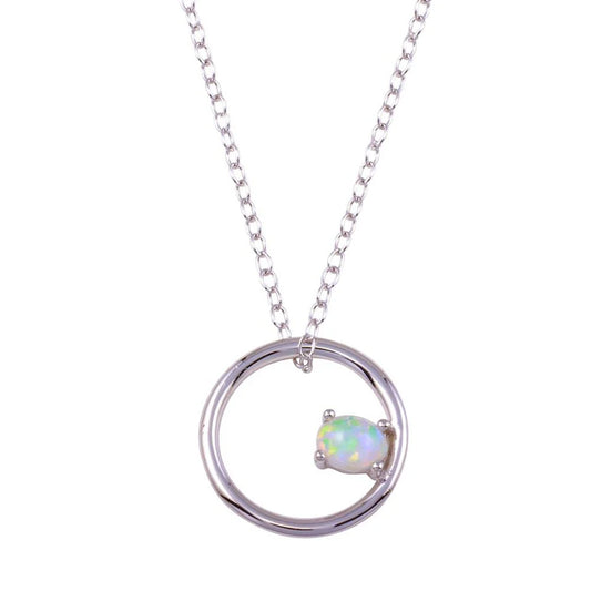 925 Sterling Silver Rhodium Plated Open Circle Synthetic Opal Necklace