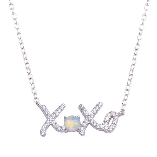925 Sterling Silver Rhodium Plated Round XOXO CZ Synthetic Opal Necklace