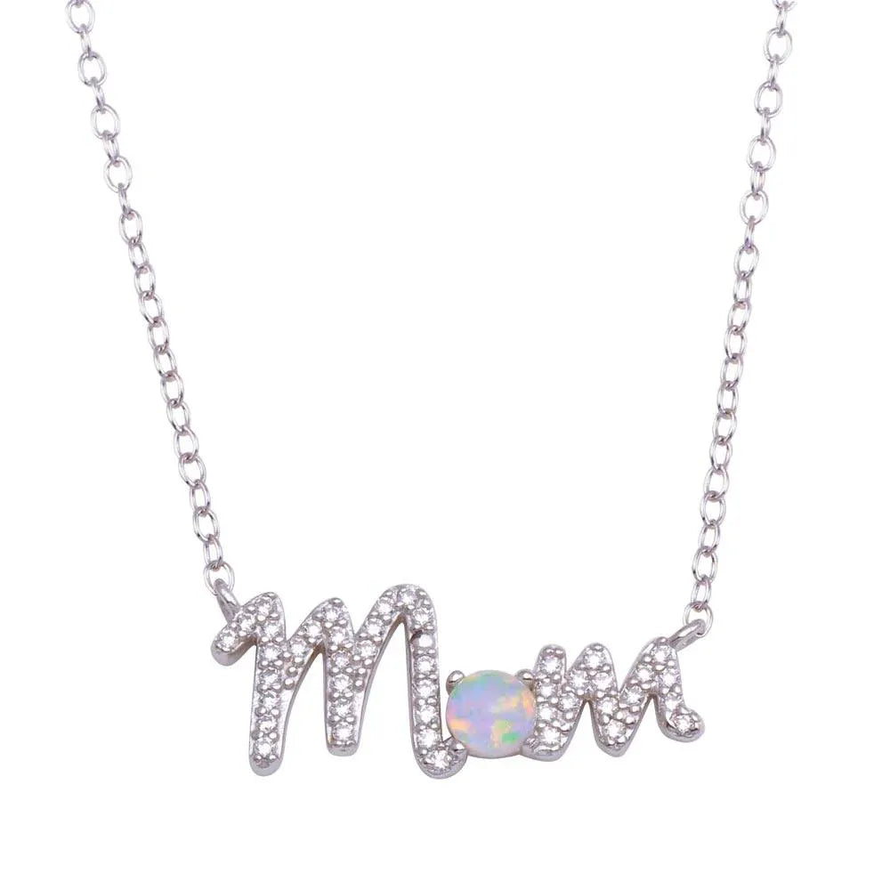 925 Sterling Silver Rhodium Plated Round MOM CZ Synthetic Opal Necklace
