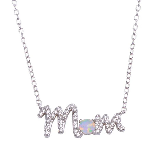 925 Sterling Silver Rhodium Plated Round MOM CZ Synthetic Opal Necklace