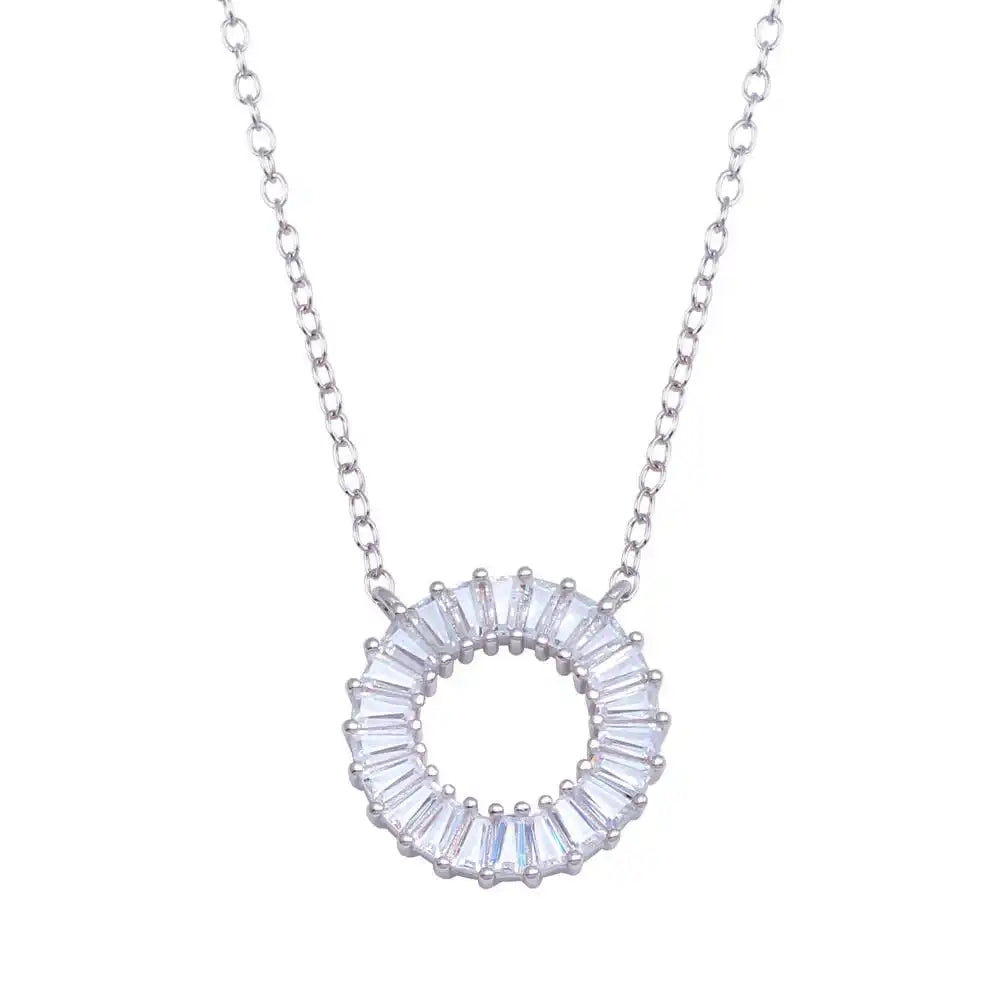 925 Sterling Silver Rhodium Plated Open Circle Baguette CZ Necklace