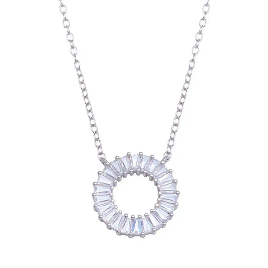 925 Sterling Silver Rhodium Plated Open Circle Baguette CZ Necklace