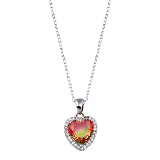 925 Sterling Silver Rhodium Plated Halo Red and Green Gradient Heart CZ Necklace