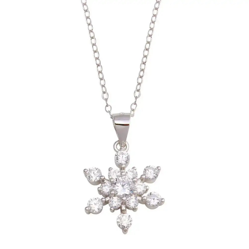 925 Sterling Silver Rhodium Plated Snow Flakes CZ Necklace