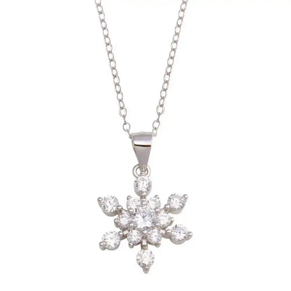 925 Sterling Silver Rhodium Plated Snow Flakes CZ Necklace