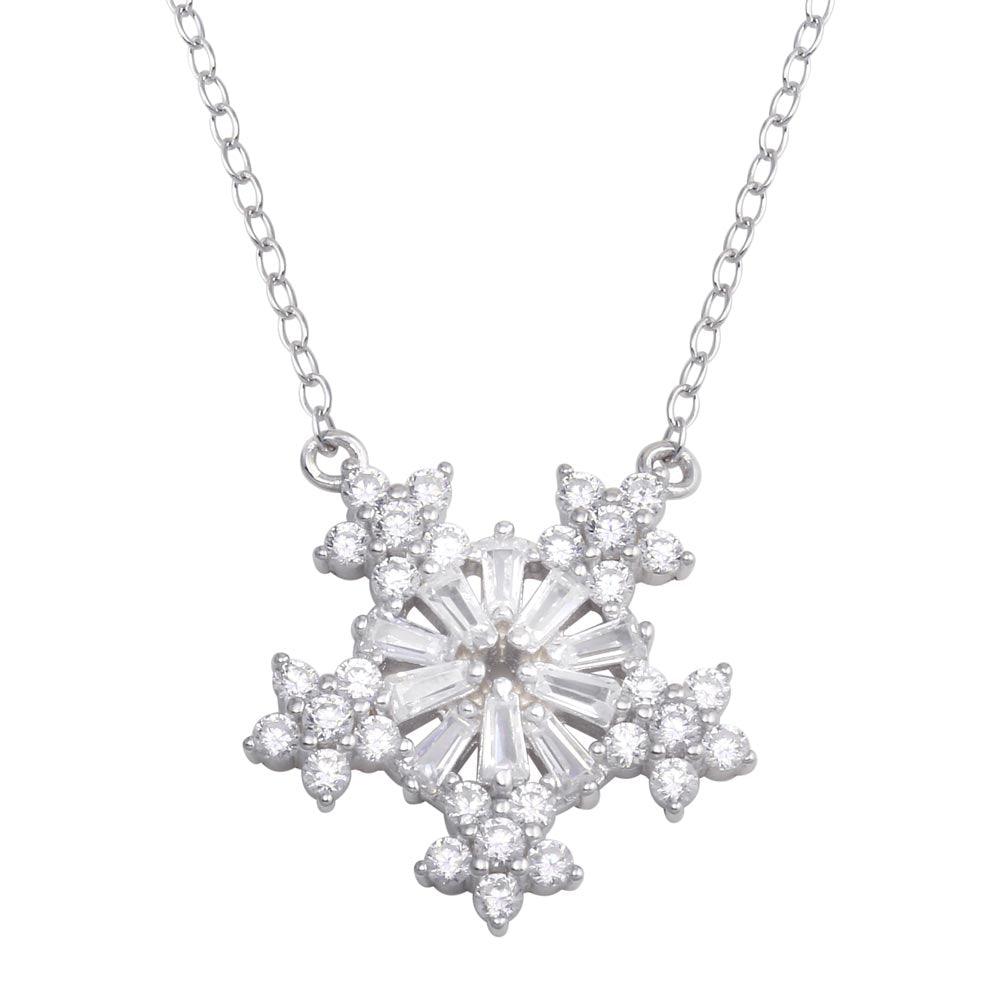 925 Sterling Silver Rhodium Plated Snow Flakes CZ Necklace