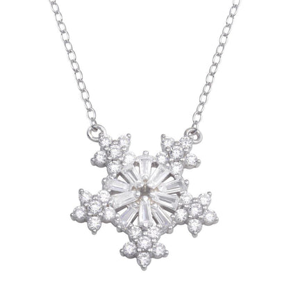 925 Sterling Silver Rhodium Plated Snow Flakes CZ Necklace