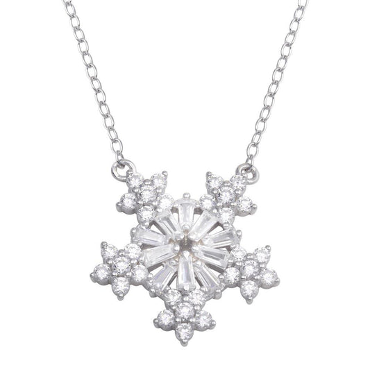 925 Sterling Silver Rhodium Plated Snow Flakes CZ Necklace