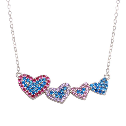 925 Sterling Silver Rhodium Plated Rainbow Multi Color CZ 4 Hearts Necklace