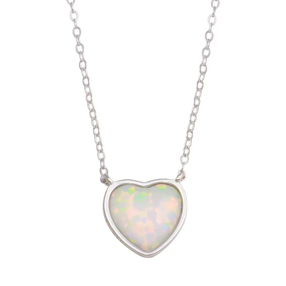 925 Sterling Silver Rhodium Plated Heart Synthetic Opal Necklace with CZ