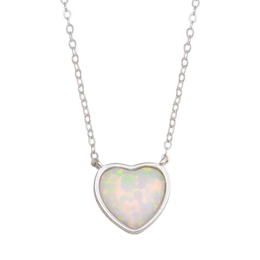 925 Sterling Silver Rhodium Plated Heart Synthetic Opal Necklace with CZ