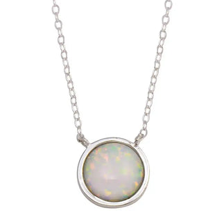 925 Sterling Silver Rhodium Plated Disc Synthetic Opal Necklace with CZ