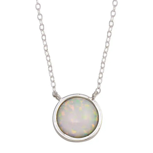 925 Sterling Silver Rhodium Plated Disc Synthetic Opal Necklace with CZ