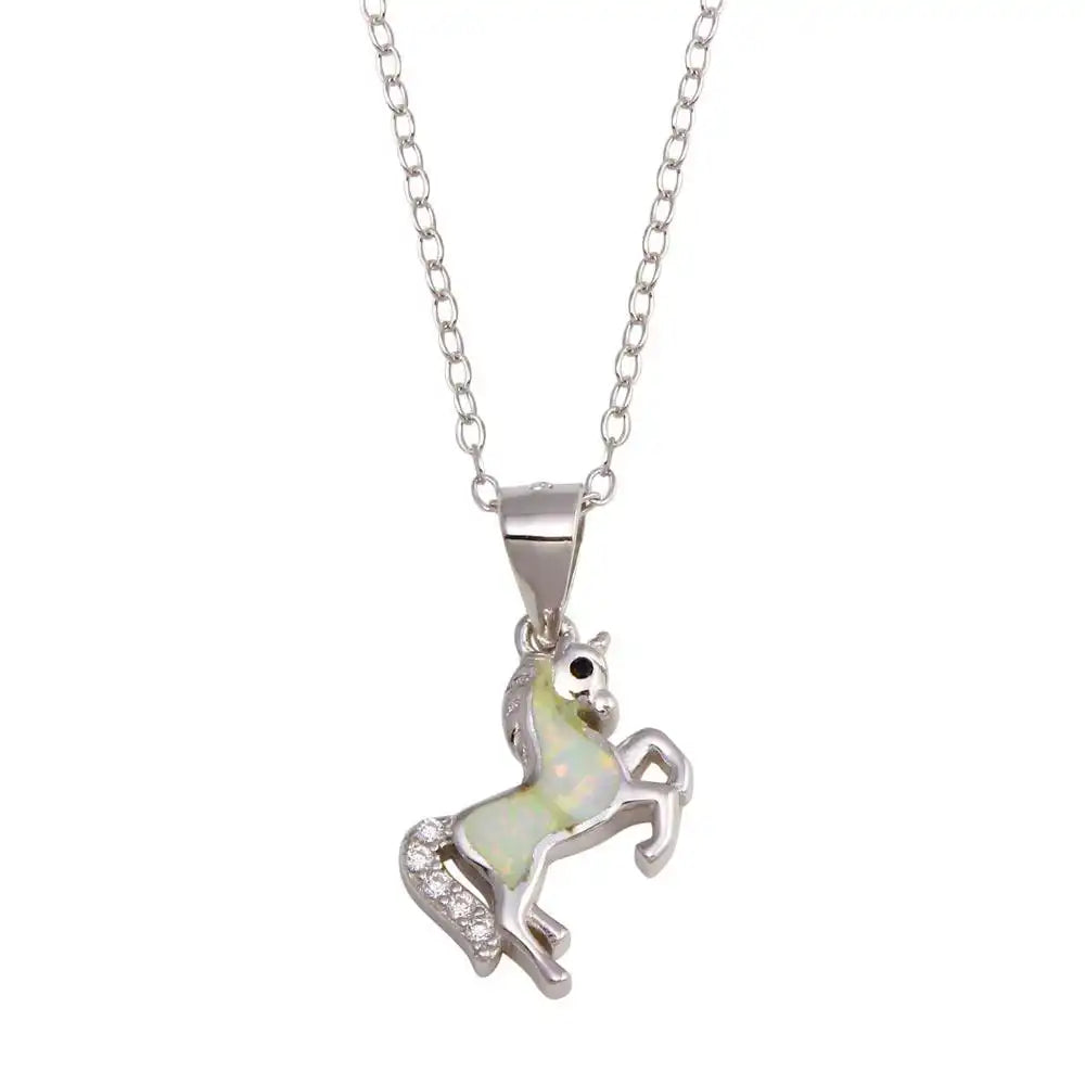 925 Sterling Silver Rhodium Plated Unicorn Synthetic Opal Necklace with CZ
