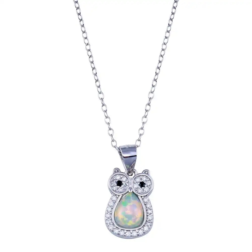 925 Sterling Silver Rhodium Plated Owl Synthetic Opal Necklace with CZ