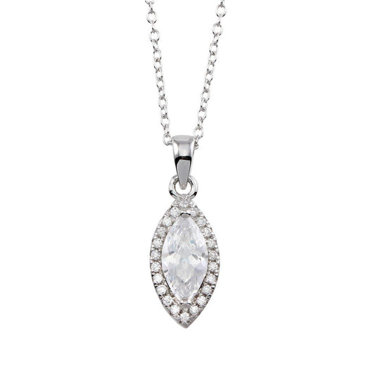 925 Sterling Silver Rhodium Plated Clear CZ Halo Marquise Shaped Necklace