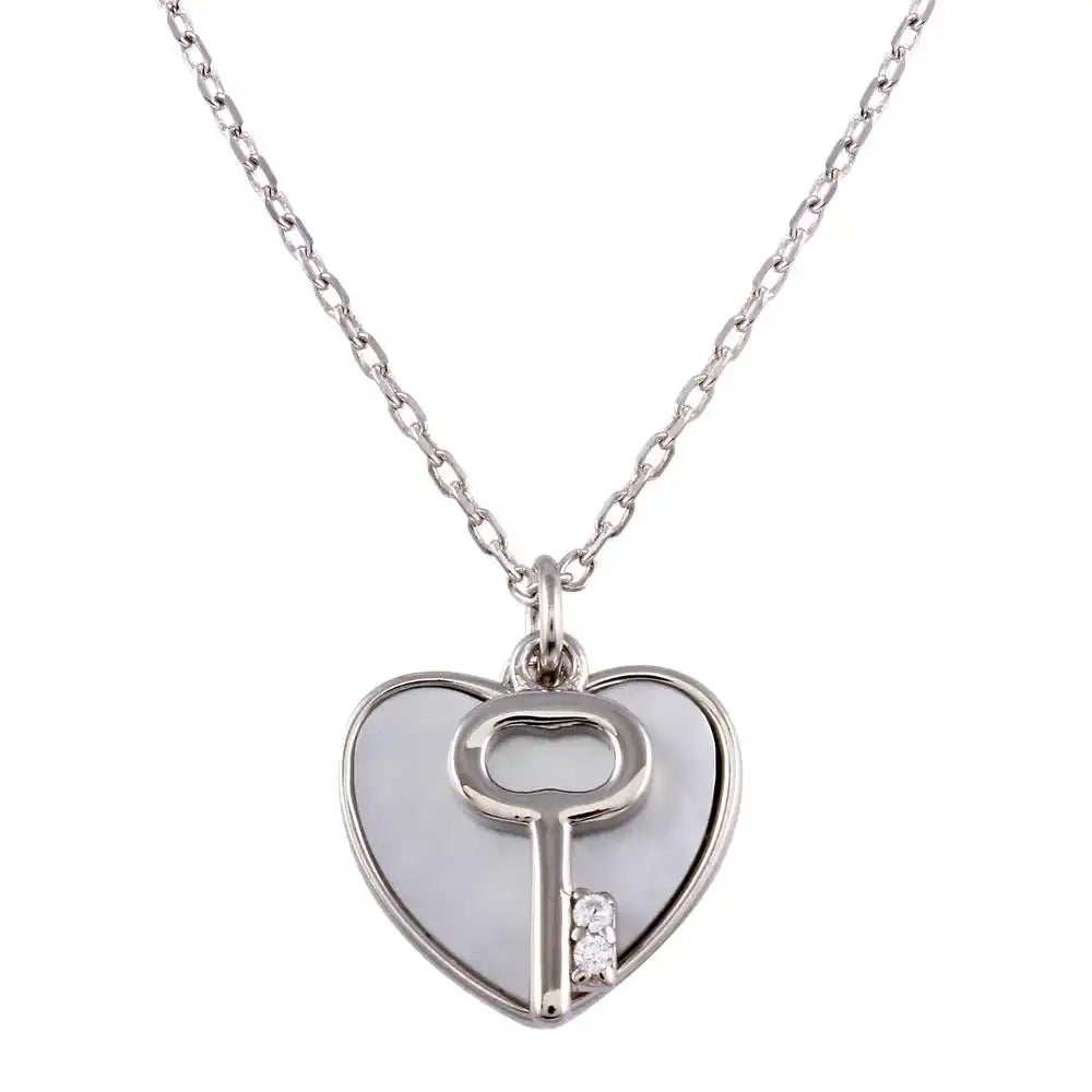 925 Sterling Silver Rhodium Plated Key and Mother of Pearl Hearts Necklace