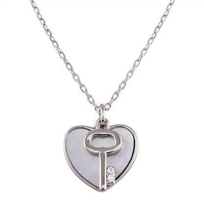925 Sterling Silver Rhodium Plated Key and Mother of Pearl Hearts Necklace