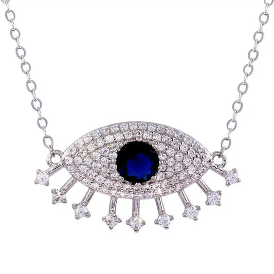 925 Sterling Silver Rhodium Plated Large Evil Eye Pendant Necklace with Clear and Blue CZ