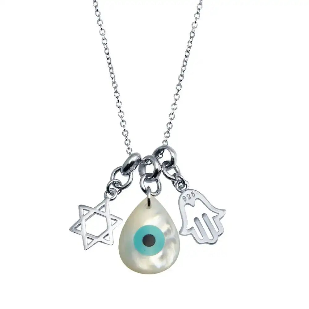 925 Sterling Silver Rhodium Plated Hamsa Hand and Evil Eye MOP Necklace