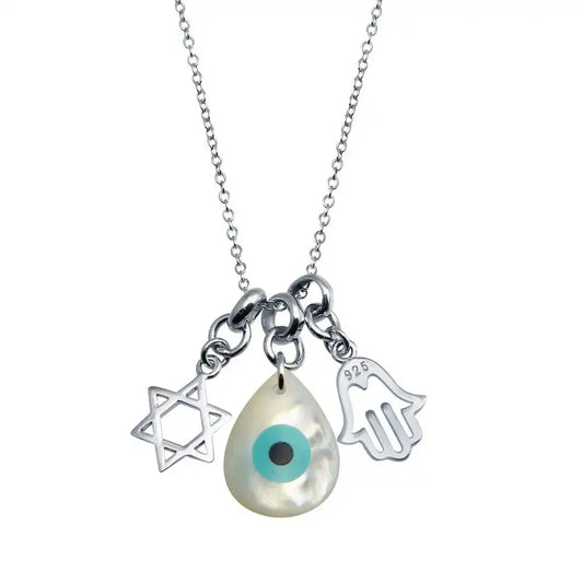 925 Sterling Silver Rhodium Plated Hamsa Hand and Evil Eye MOP Necklace