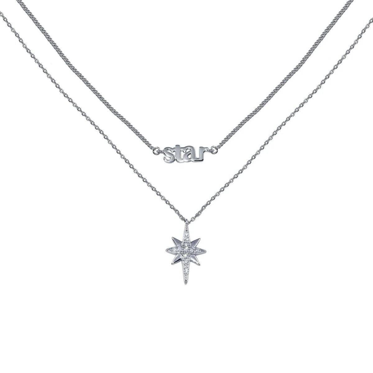 925 Sterling Silver Rhodium Plated North Star CZ Dual Strand Necklace