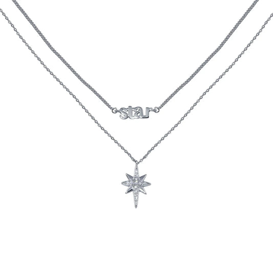 925 Sterling Silver Rhodium Plated North Star CZ Dual Strand Necklace
