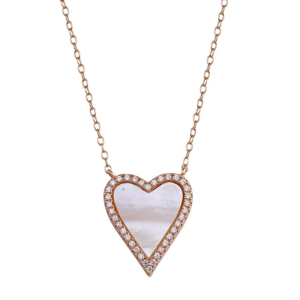 925 Sterling Silver Rose Gold Plated Heart Mother of Pearl Necklace
