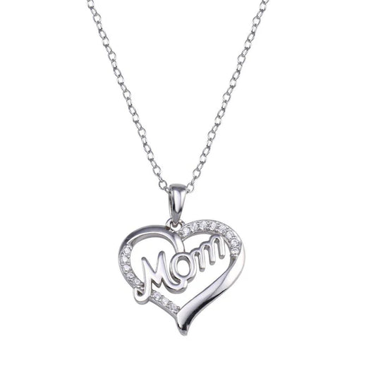 925 Sterling Silver Rhodium Plated Clear CZ Heart MOM Necklace