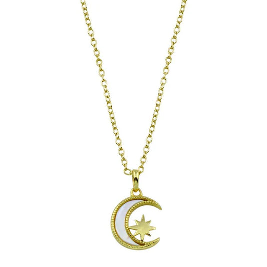 925 Sterling Silver Gold Plated CZ Synthetic Mother of Pearl Star and Crescent Moon Necklace