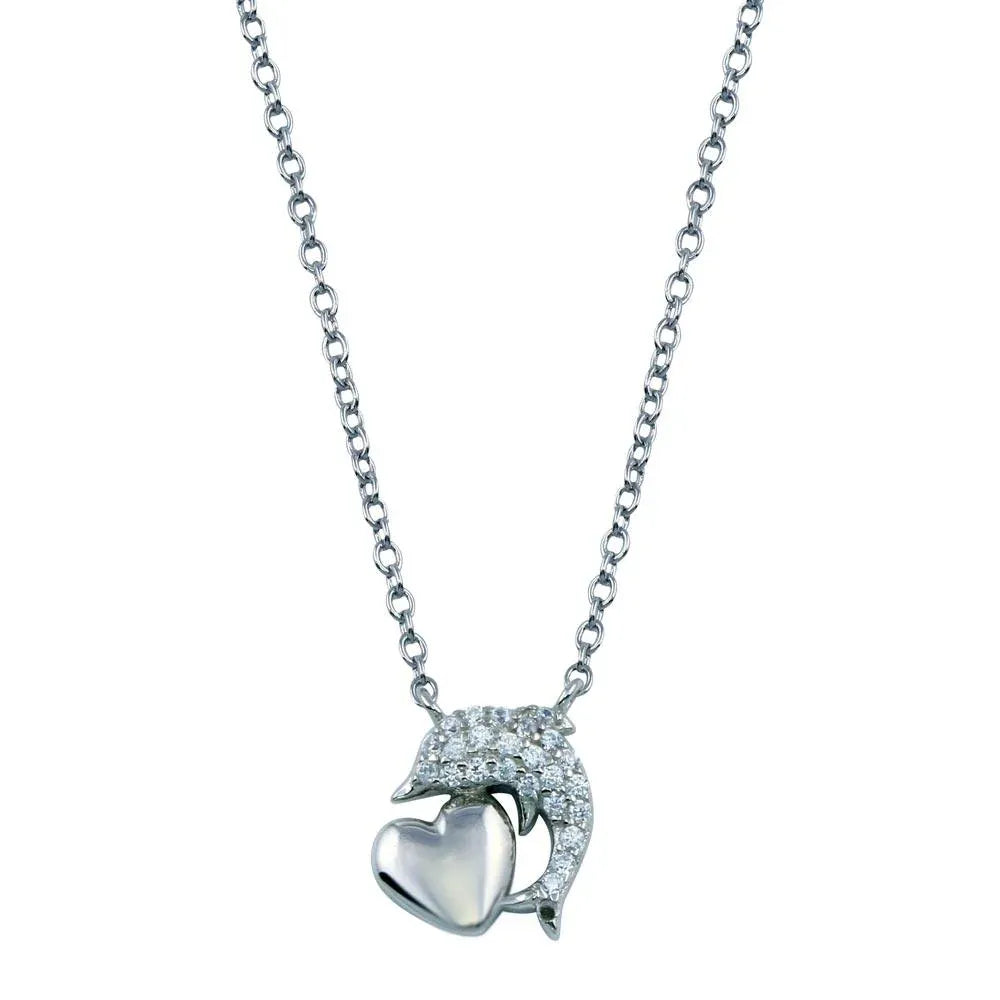 925 Sterling Silver Rhodium Plated CZ Dolphin Necklace With Heart