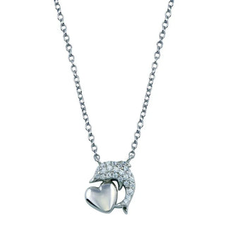 925 Sterling Silver Rhodium Plated CZ Dolphin Necklace With Heart