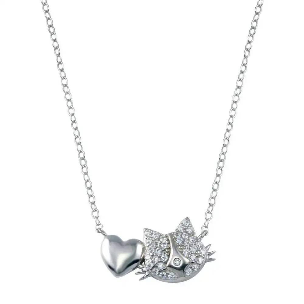925 Sterling Silver Rhodium Plated Cat Heart Necklace