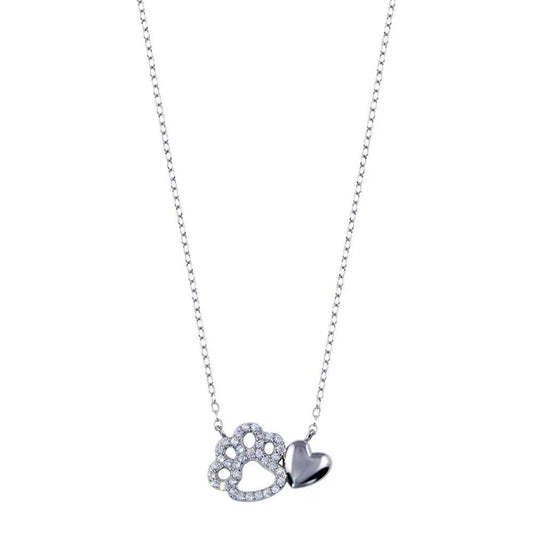 925 Sterling Silver Rhodium Plated Dog Paw Heart Necklace