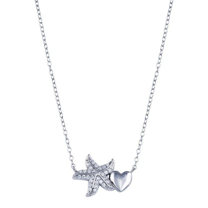 925 Sterling Silver Rhodium Plated Starfish Heart CZ Necklace