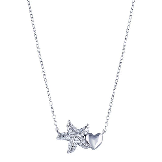 925 Sterling Silver Rhodium Plated Starfish Heart CZ Necklace