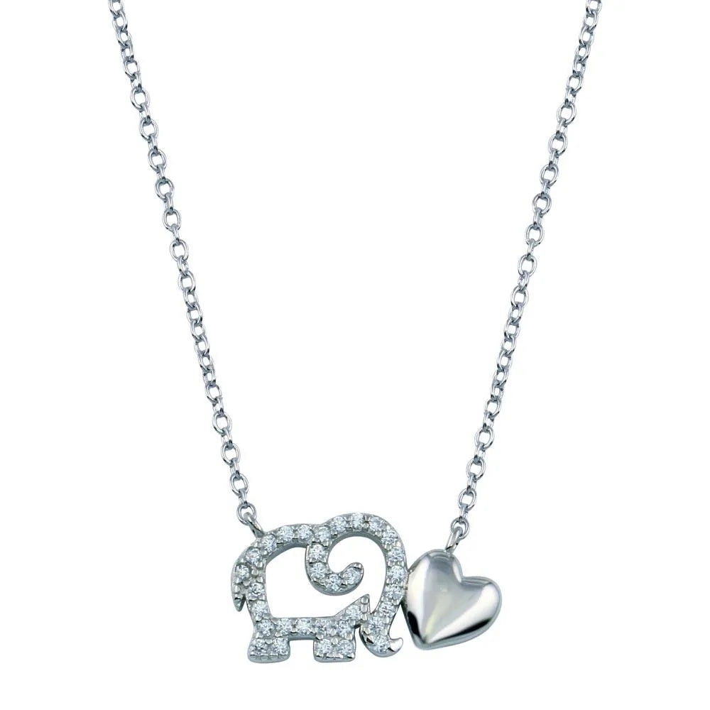 925 Sterling Silver Rhodium Plated Outline CZ Elephant With Heart Necklace