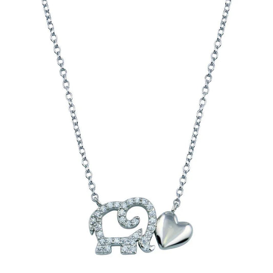 925 Sterling Silver Rhodium Plated Outline CZ Elephant With Heart Necklace