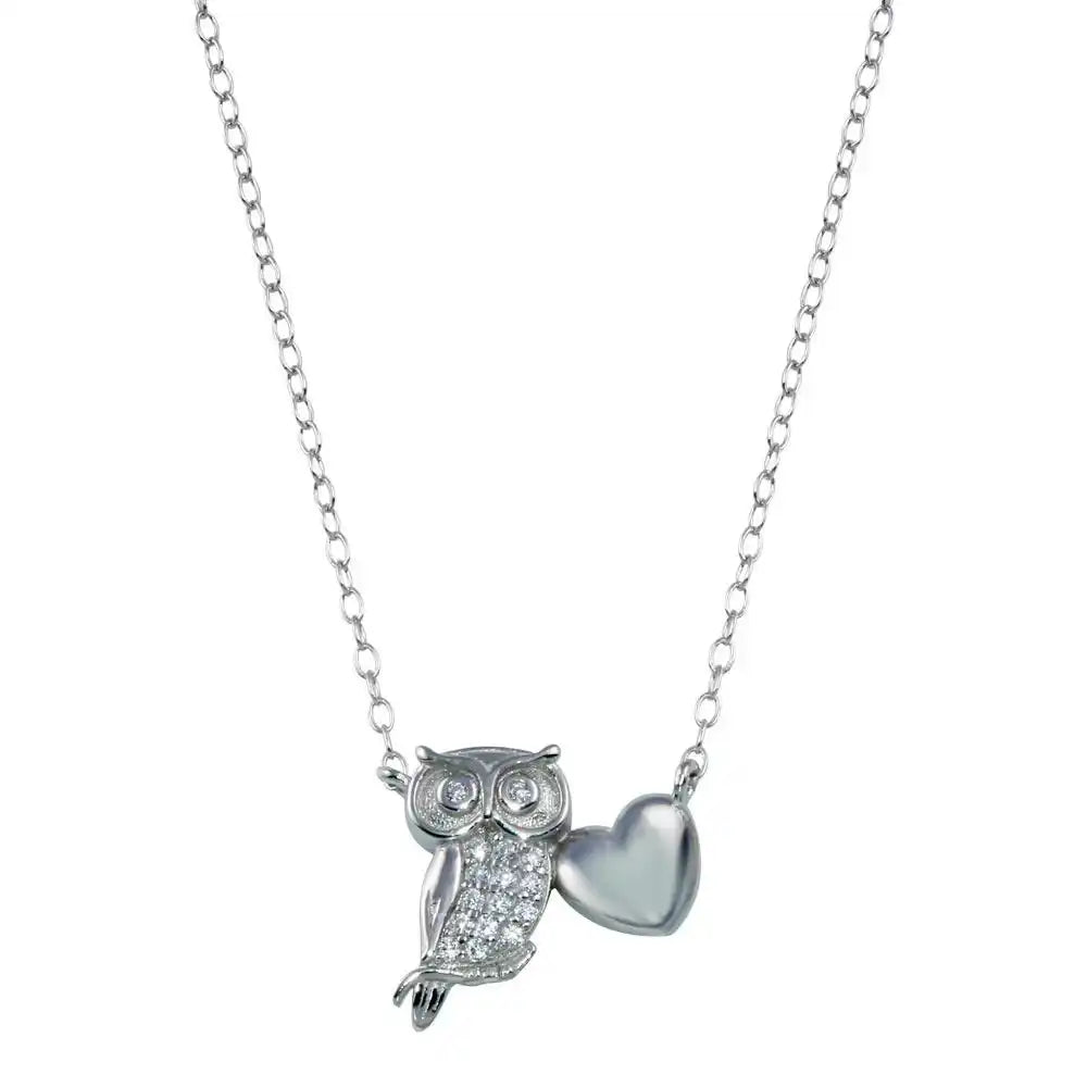 925 Sterling Silver Rhodium Plated Owl Heart Necklace