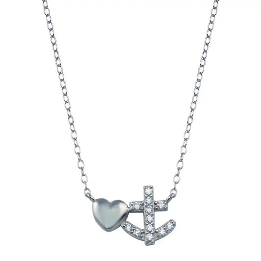 925 Sterling Silver Rhodium Plated Anchor Heart Necklace