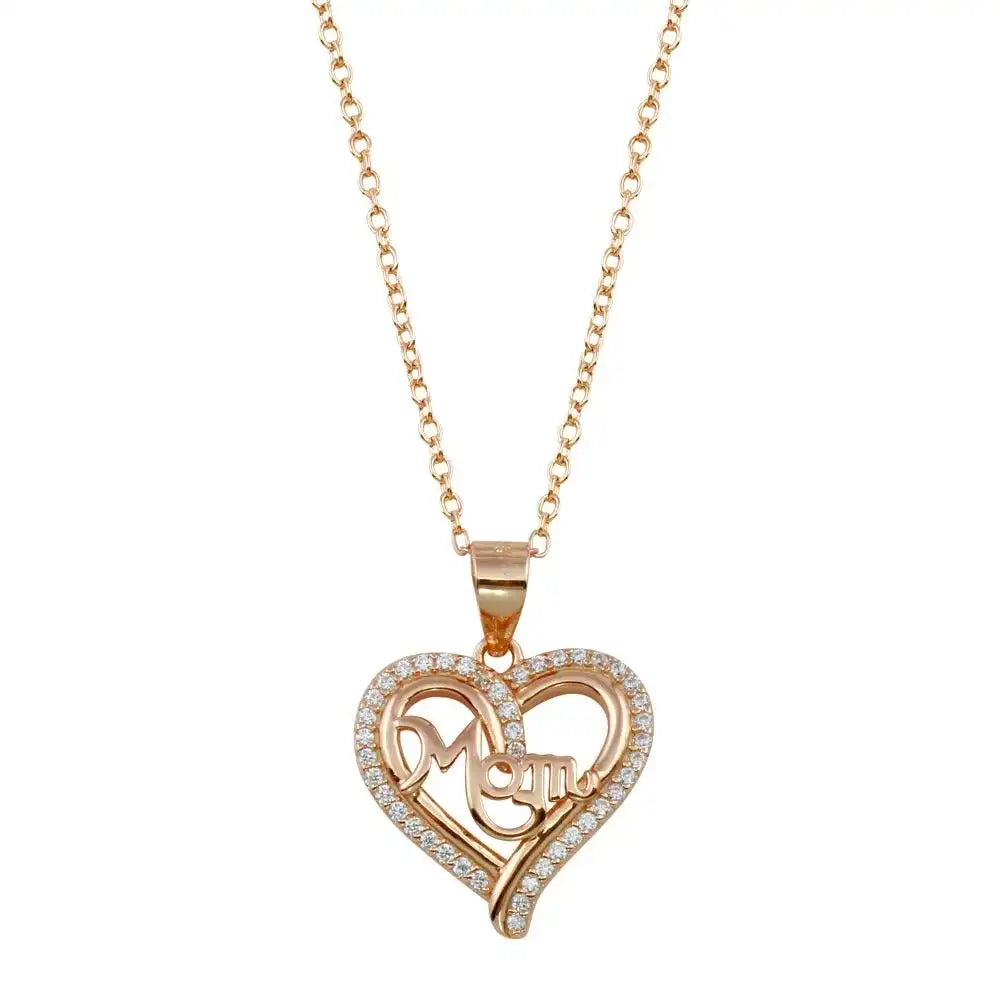 925 Sterling Silver Rose Gold Plated Mom Heart CZ Pendant