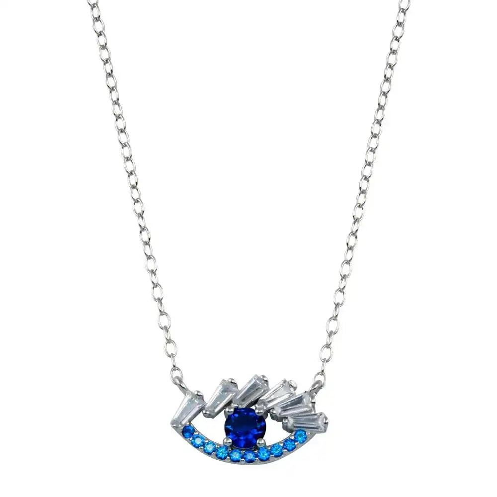 925 Sterling Silver Rhodium Plated Evil Eye Baguette CZ Necklace