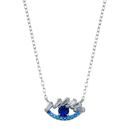 925 Sterling Silver Rhodium Plated Evil Eye Baguette CZ Necklace