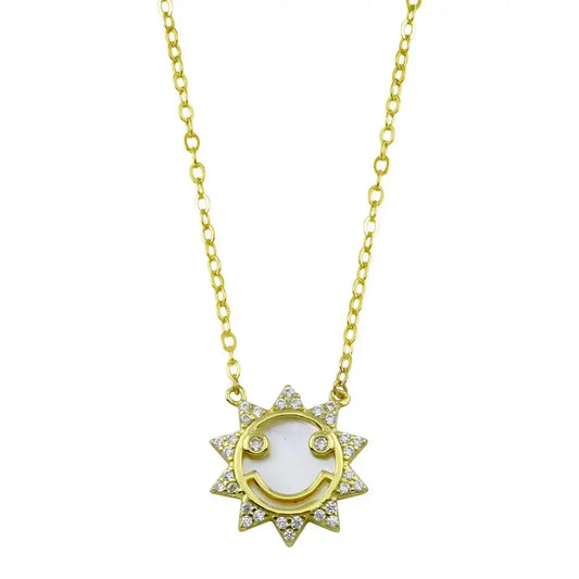 925 Sterling Silver Gold Plated CZ Synthetic MOP Sun Necklace