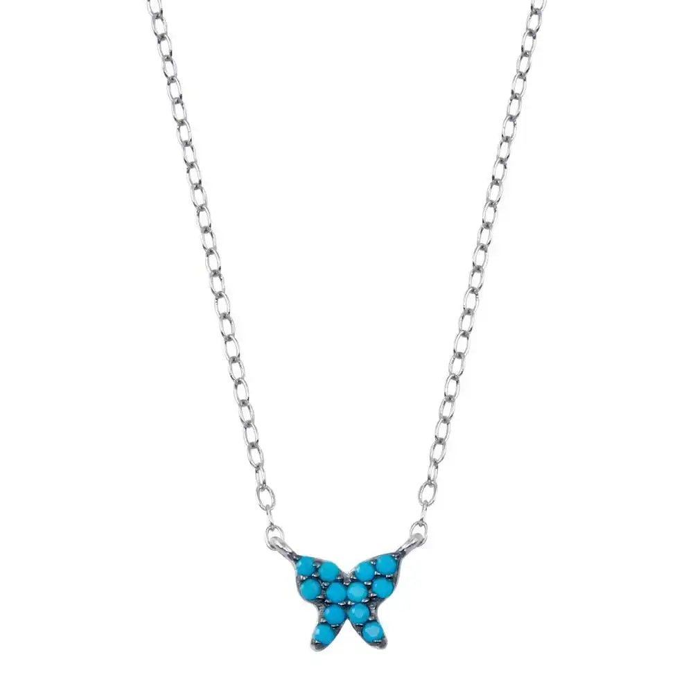 925 Sterling Silver Rhodium Plated Turquoise Butterfly Necklace