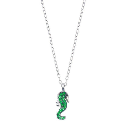 925 Sterling Silver Rhodium Plated  Green Seahorse Necklace