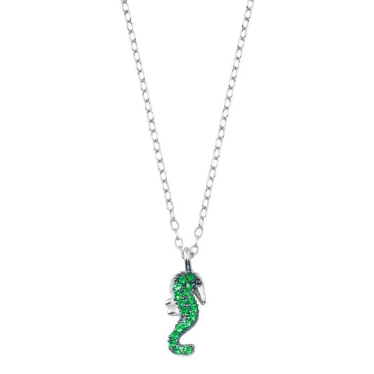 925 Sterling Silver Rhodium Plated  Green Seahorse Necklace