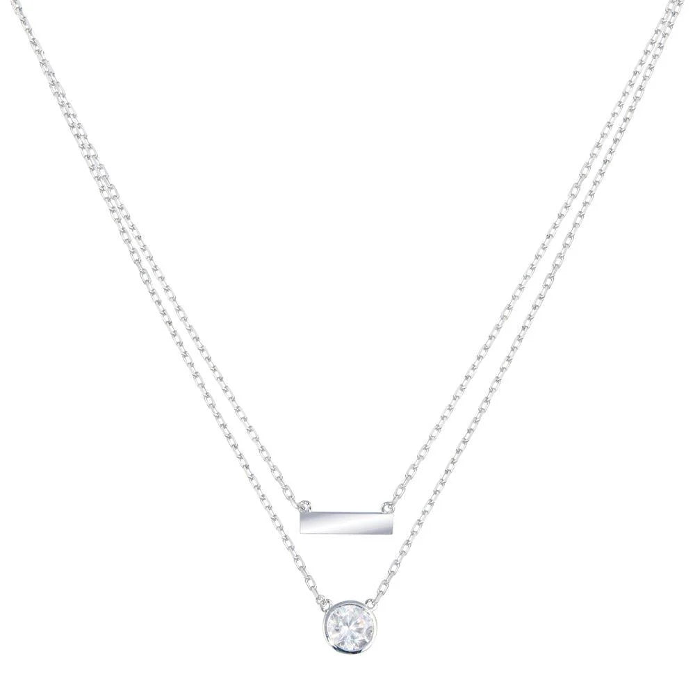 925 Sterling Silver Rhodium Plated Double Strand CZ and Bar Necklace