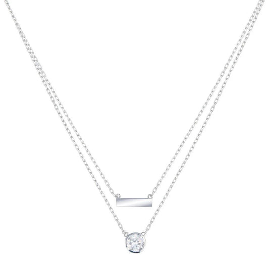 925 Sterling Silver Rhodium Plated Double Strand CZ and Bar Necklace
